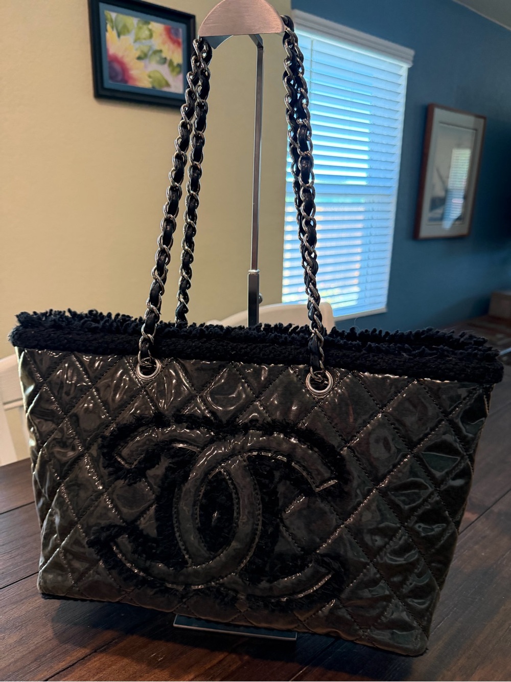 CHANEL Black Quilted Patent Leather Tote with CC Emblem and Chain Straps